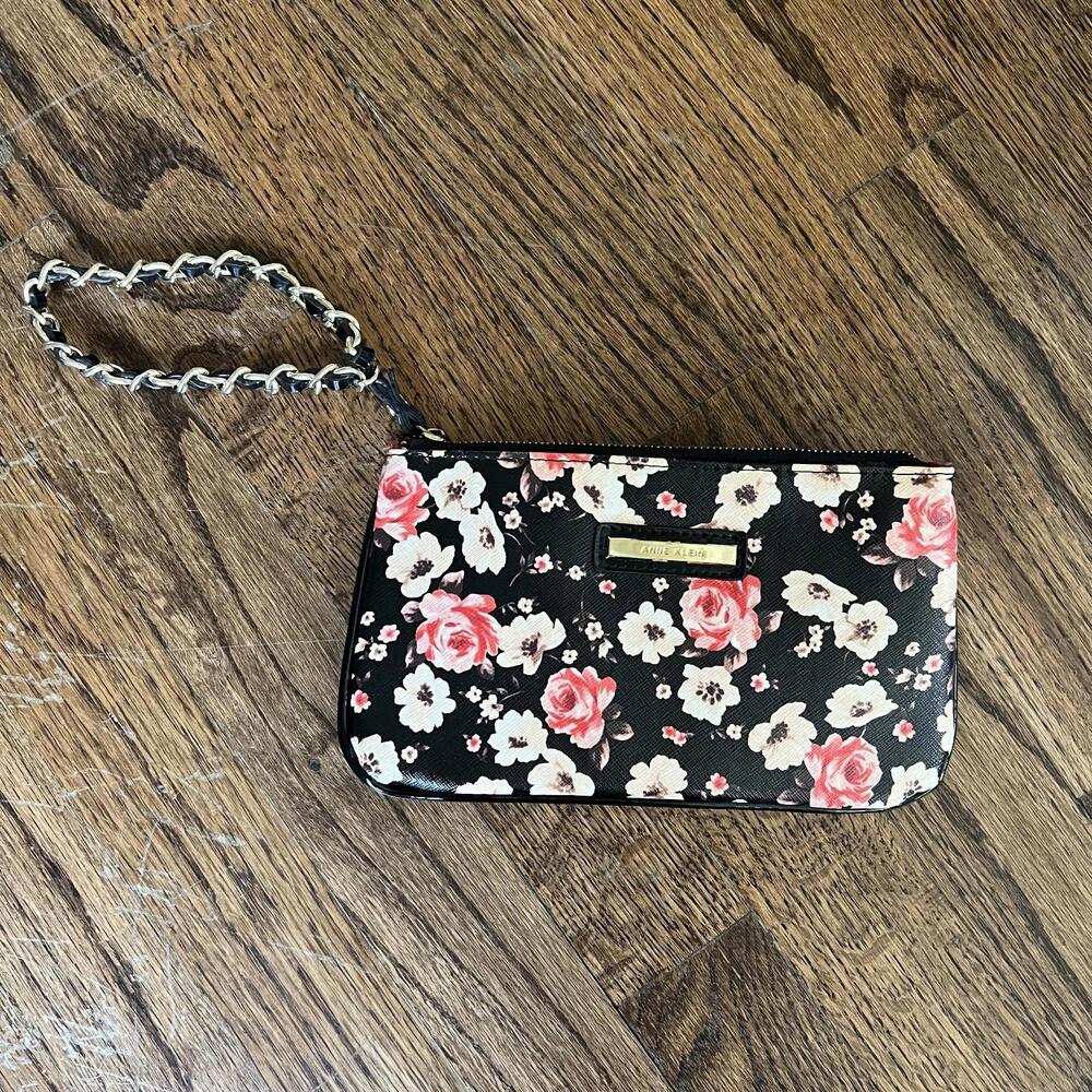 Anne Klein Wristlet - Black Floral with Gold Logo and Accent Braided Handle